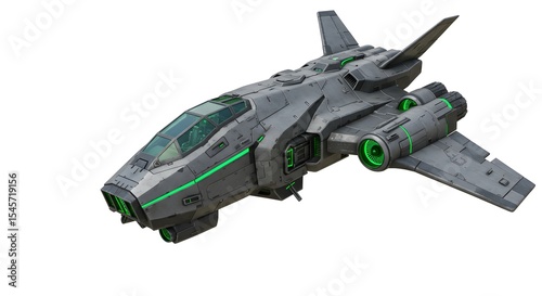 未来都市疾走 宇宙船 滑らかな機体 緑の光輝く. AI Generated