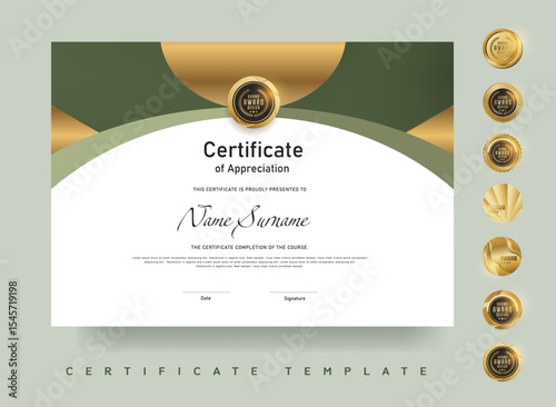 Formal certificate design featuring green and gold semi circle layout with award emblem suitable for recognition or academic achievement
