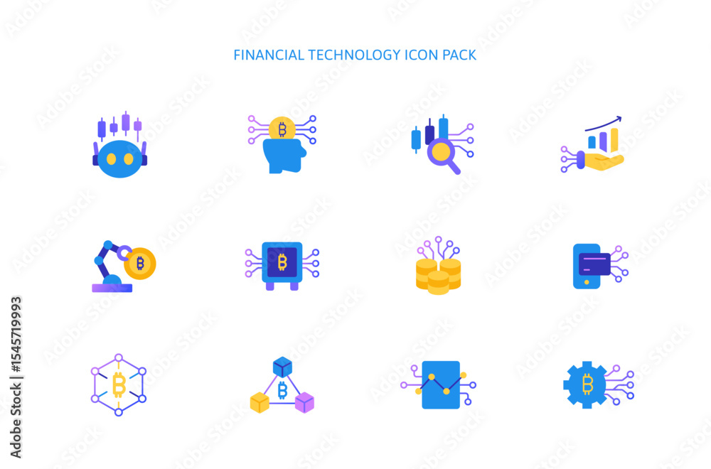 Fototapeta premium Ai Stock Market and Investment icons Pack for Artificial Intelligence Finance Analysis Economy Concept with Robot. Bitcoin Business and Cryptocurrency Blockchain Financial Tech, AI icon Payment.