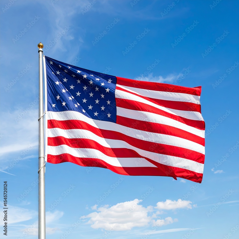 Obraz premium American Flag Waving Proudly Against a Bright Blue Sky