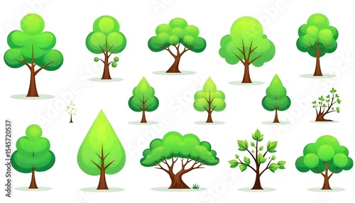 Collection of green tree vector icons.