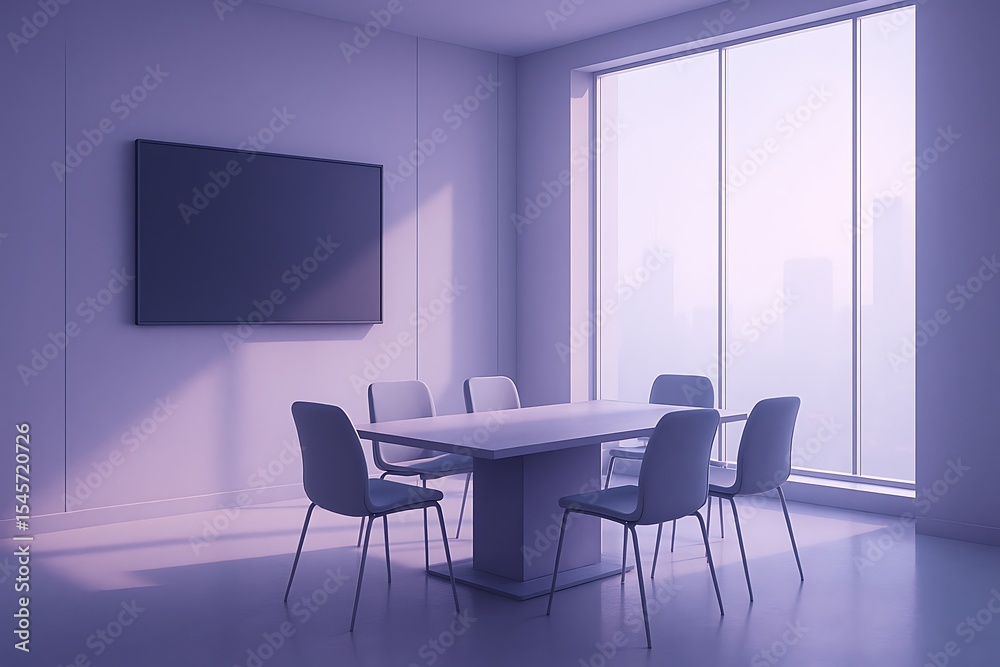 Fototapeta premium contemporary meeting space with soft lavender hues, a large conference table, and urban skyline outside