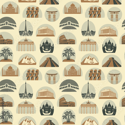 Vector seamless pattern with landmarks of different countries. Repeating background with travel theme. Wallpaper, wrapping paper, fabric, textile, t-shirt design. Travel postcard. Not used aI