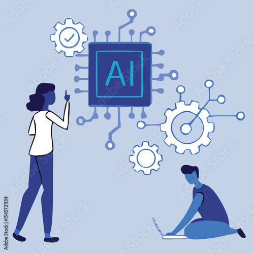 Artificial Intelligence Concept Vector Illustration – Human and Robotic Interaction, AI Chip Technology, Smart Industry and Future Innovation Design. White-collar workers have a meeting with AI.