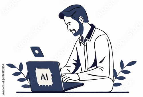 Artificial Intelligence Concept Vector Illustration – Human and Robotic Interaction, AI Chip Technology, Smart Industry and Future Innovation Design. White-collar workers have a meeting with AI.