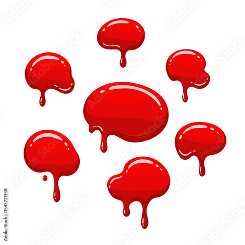Collection of Red Glossy Dripping Splashes, Isolated on White