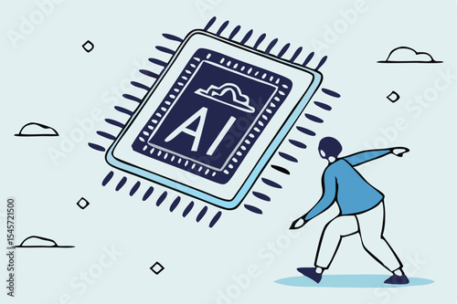 Artificial Intelligence Concept Vector Illustration – Human and Robotic Interaction, AI Chip Technology, Smart Industry and Future Innovation Design. White-collar workers have a meeting with AI.