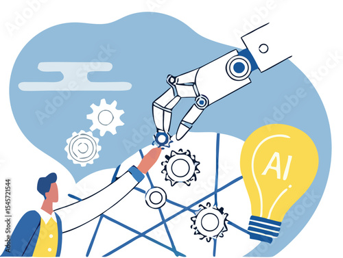 Artificial Intelligence Concept Vector Illustration – Human and Robotic Interaction, AI Chip Technology, Smart Industry and Future Innovation Design. White-collar workers have a meeting with AI.