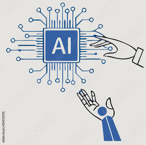 Artificial Intelligence Concept Vector Illustration – Human and Robotic Interaction, AI Chip Technology, Smart Industry and Future Innovation Design. White-collar workers have a meeting with AI.