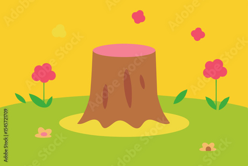 Tranquil Spring Scene Tree Stump with Blooming Flowers