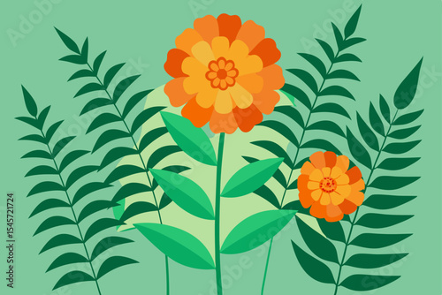 Vibrant Floral Illustration Marigolds and Ferns in a Summer Garden