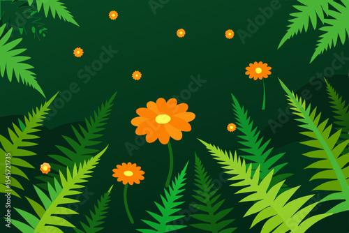 Vibrant Orange Flowers and Lush Green Ferns A Serene Nature Illustration