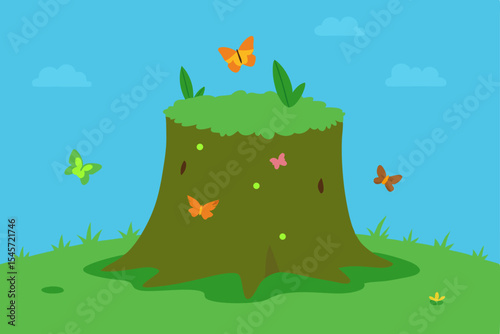 Vibrant Springtime Tree Stump with Butterflies and Blossoms A Nature Illustration