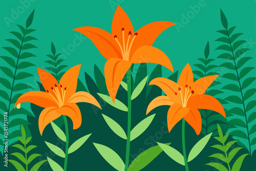 Vibrant Orange Lilies Blooming in Lush Greenery A Springtime Floral Illustration