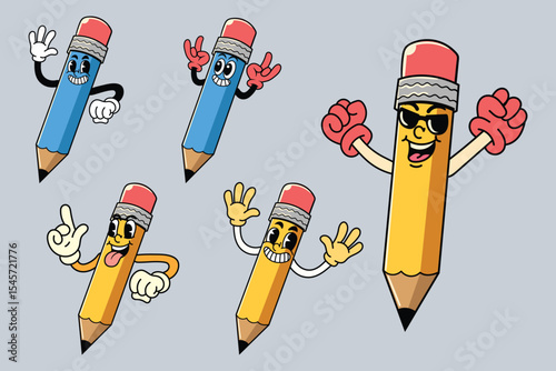 Set of Happy Pencil in Various Poses Character Cartoon Illustration Retro style