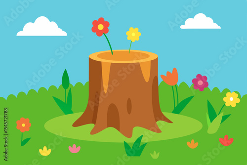 Vibrant Flowers Blooming from Tree Stump A Springtime Scene