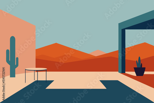Desert Oasis Minimalist Patio Design with Geometric Shapes and Cactus Plants