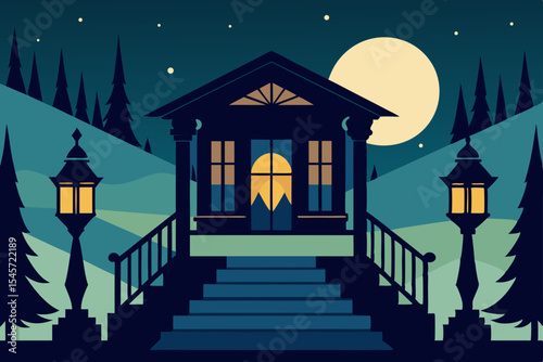 Serene Night Moonlight Illuminates Cozy Mountain House