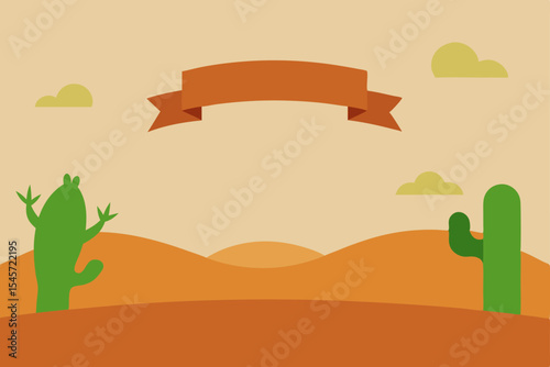 Desert Landscape Illustration Cactus, Sunset, and a Blank Banner for Your Text