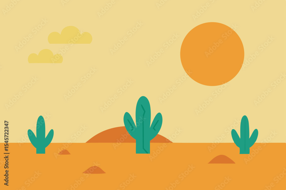 Desert Landscape Illustration Sun, Cacti, and Sandy Dunes