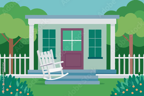 Charming Suburban House with Rocking Chair on Porch Peaceful Home Exterior Design