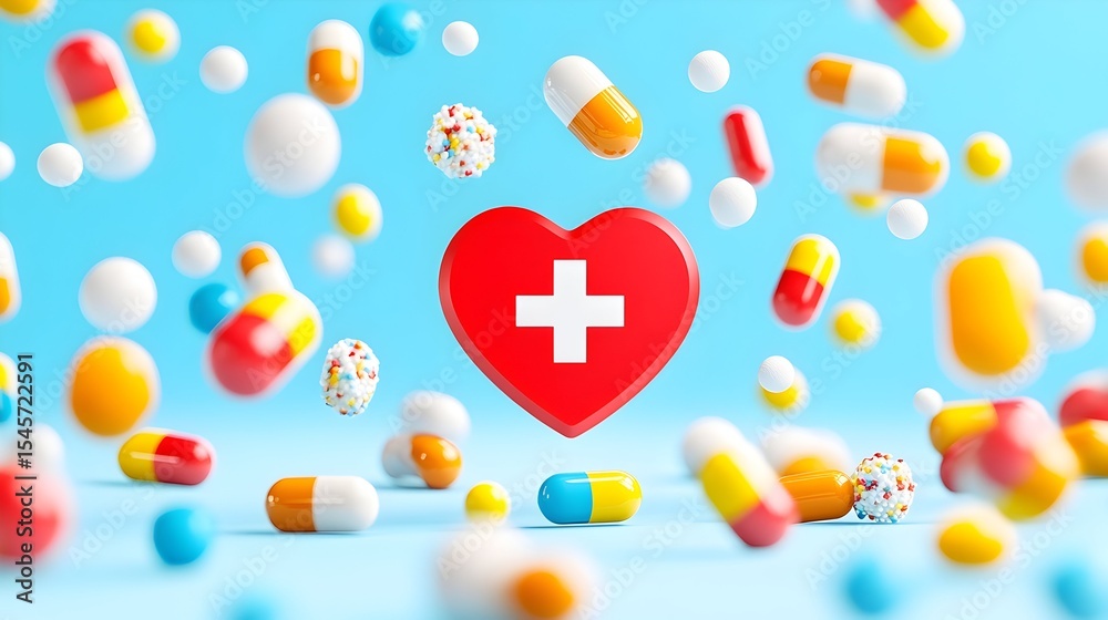 Fototapeta premium Heart, cross, pills, blue background, healthcare