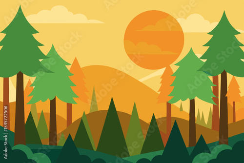Sunset Vista Serene Mountain Landscape with Evergreen Trees