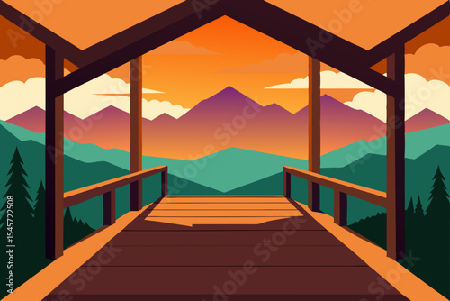 Mountain Sunset View from a Scenic Wooden Deck Peaceful Landscape Illustration