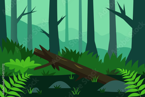 Enchanted Forest Lush Greenery, Fallen Log, Mystical Atmosphere