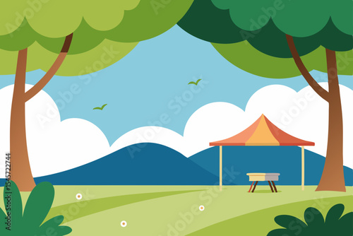 Serene Park Picnic Idyllic Outdoor Scene with Gazebo and Mountain View