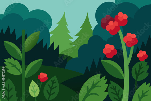 Enchanted Forest Lush Greenery, Vibrant Raspberries, and Serene Nature