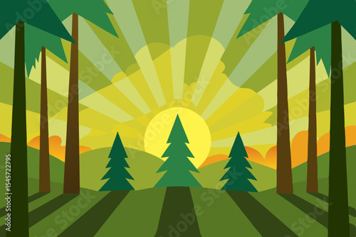 Sunrise in the Forest A Vibrant Illustration of Nature's Peaceful Dawn