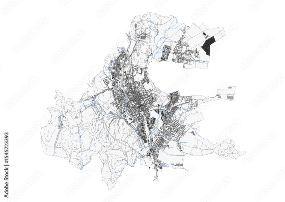 Obraz premium Description & Keywords Description: Prešov map showcasing highways, buildings, and waterways. Detailed vector illustration for urban planning or decor.