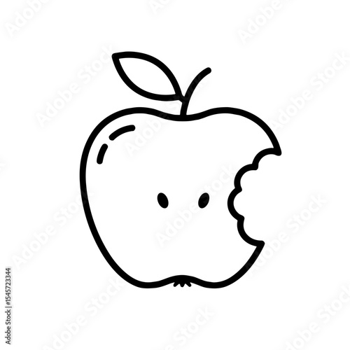 Line drawing of bitten apple with leaf on white background  