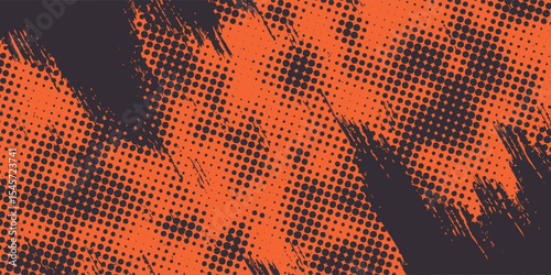 Orange and black urban grunge background with dry rough texture and halftone pattern. Hand drawn punk vector retro banner. modern illustration