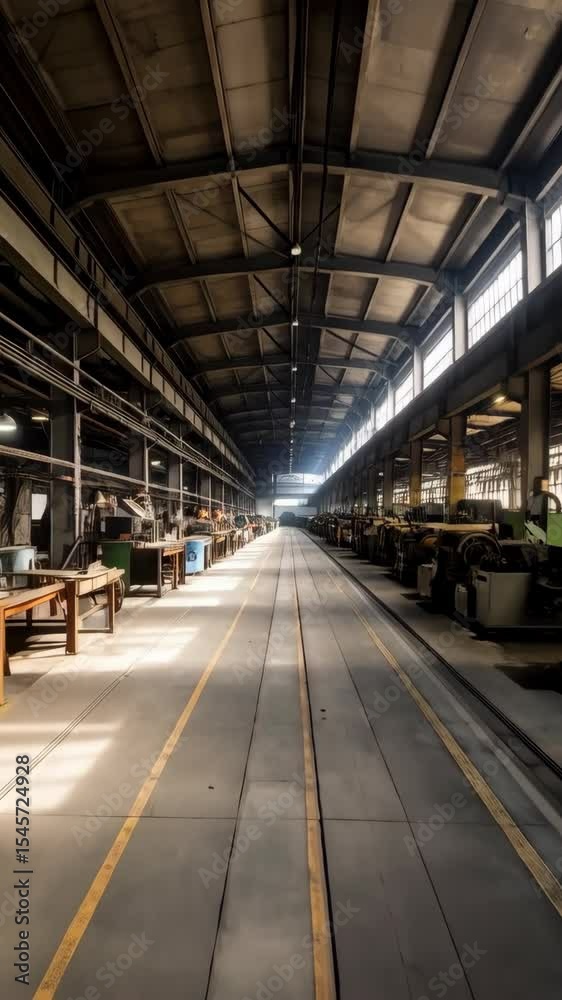 Wide angle perspective inside an old industrial factory floor with heavy machinery, tables and high ceiling with metallic beams construction Wide angle perspective inside an old industrial factory floor with heavy machinery, tables and high ceiling with metallic beams construction