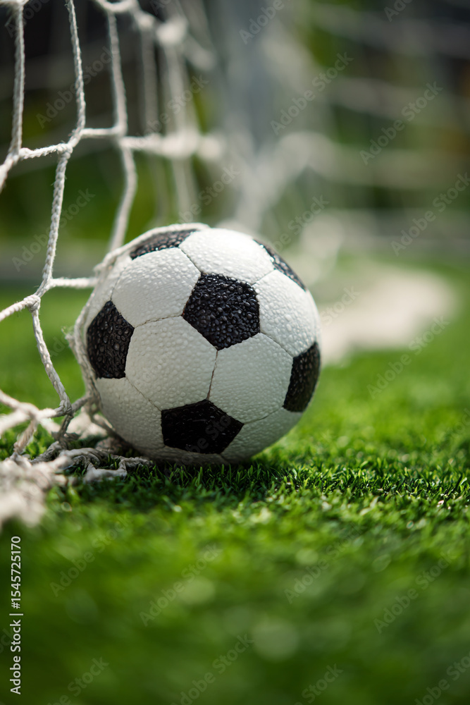 Fototapeta premium A soccer ball resting in the net on a green field in a close up shot showing the details of the ball