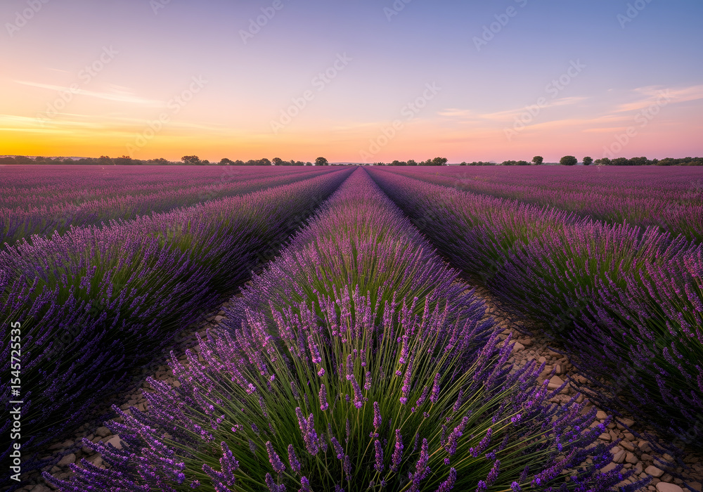 Obraz premium Lavender Field in Provence at Sunrise, Representing Tranquility and Aromatherapy Wellness, Ideal for Travel and Tourism Marketing