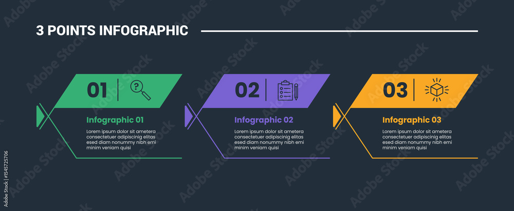 3 stage infographic process diagram with fish box container with thick header and open cut box with dark background bright outline style vector