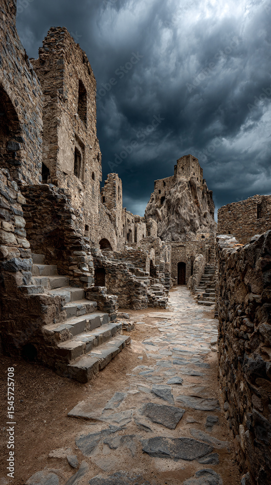 Majestic ancient stone ruins stand tall beneath a dramatic sky filled with swirling clouds and vibrant light. The weathered stones tell stories of a forgotten past, evoking mystery, history, and timel Majestic ancient stone ruins stand tall beneath a dramatic sky filled with swirling clouds and vibrant light. The weathered stones tell stories of a forgotten past, evoking mystery, history, and timel