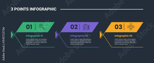 3 stage infographic process diagram with fish box container with thick header and open cut box with dark background bright outline style vector