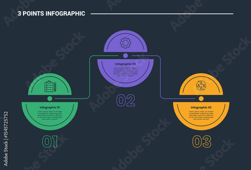 3 stage infographic process diagram with circle slice combination with line up and down with dark background bright outline style vector