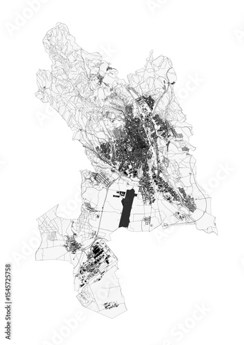 Description & Keywords
Description: Košice black and white map showcasing highways and buildings. Clean vector design, focused on road networks and city structures for monochrome visualization or prin