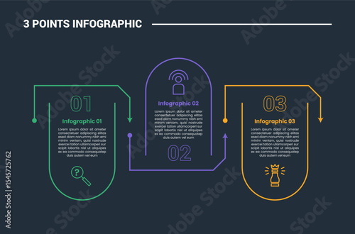 3 stage infographic process diagram with open round rectangle box container up and down with dark background bright outline style vector