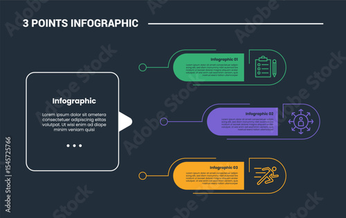 3 stage infographic process diagram with big square and round rectangle box stacked list with dark background bright outline style vector