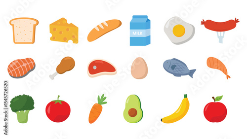 Healthy Food Flat Icon Set – Fruits, Vegetables, Meat, Fish, Dairy and Bakery Vector Illustration