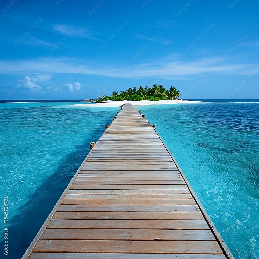 Fototapeta premium Tropical Island Pier Scene; Exotic Turquoise Ocean, Blue Sky and Palm Trees View
