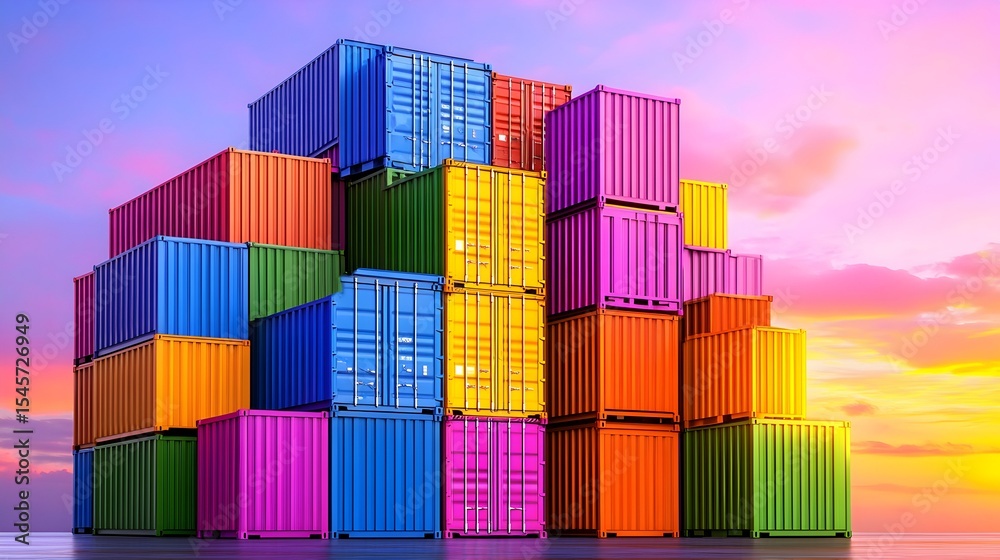 Fototapeta premium Colorful shipping containers stacked at sunset port
