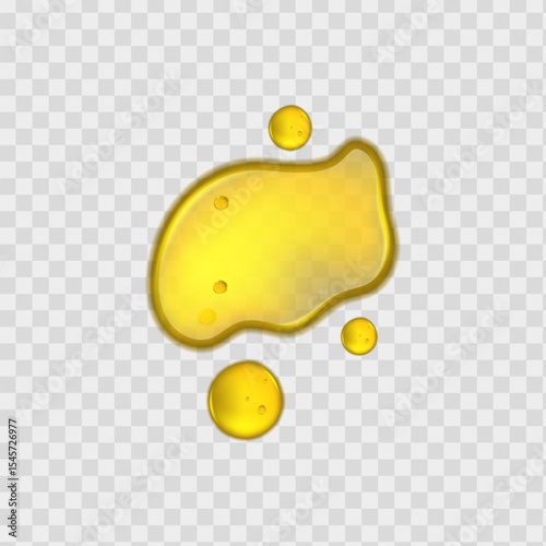 Background with spreading yellow petrol spots, set of liquid golden drops of water honey or oil