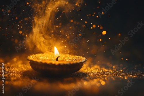 A golden diwali diya candle with a glowing flame and sparkling glitter against a dark backdrop